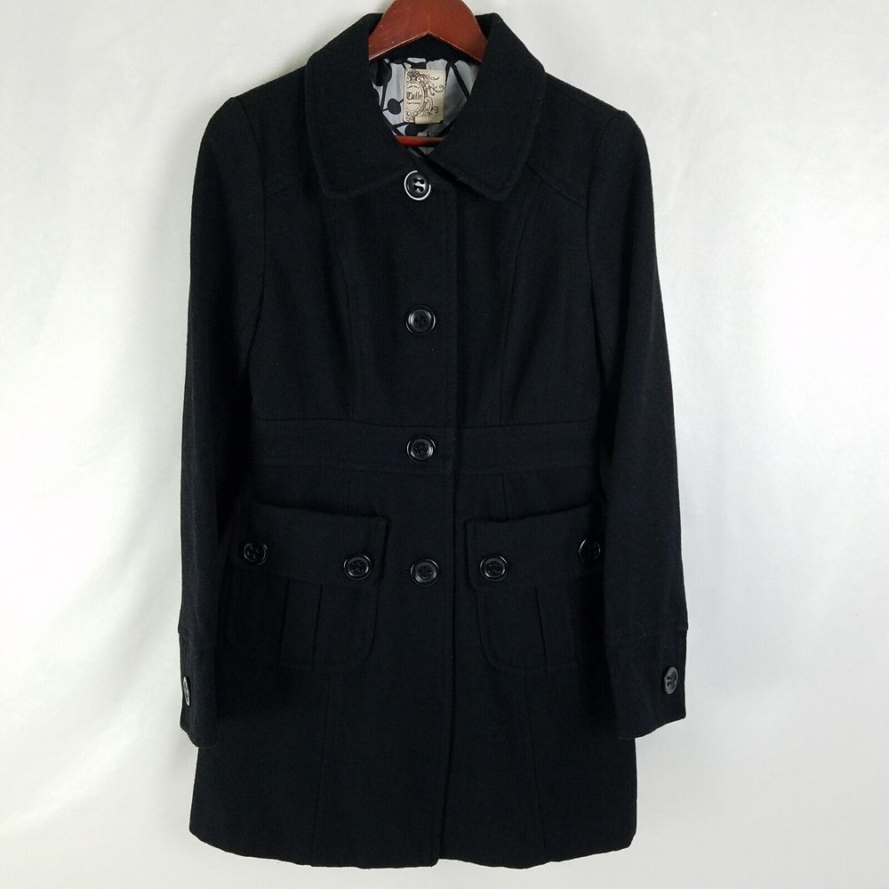 Tulle Jacket Womens Large Black Wool Blend Pea Coat Button Up Faux Pockets